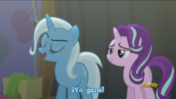 Size: 1366x768 | Tagged: safe, screencap, starlight glimmer, trixie, pony, unicorn, g4, no second prances, discovery family logo, female, mare, spanish, subtitles, translated in the comments