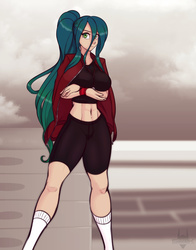 Size: 2019x2572 | Tagged: safe, artist:scorpdk, queen chrysalis, human, g4, abs, belly button, breasts, busty queen chrysalis, clothes, crossed arms, female, high res, humanized, jacket, looking at you, midriff, shorts, socks, solo, sweatpants, wristband