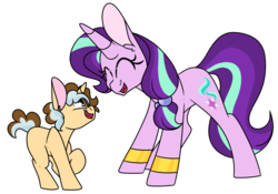 Size: 1024x715 | Tagged: safe, artist:korgikardigan, starlight glimmer, oc, oc:cheese whiz, pony, unicorn, g4, aunt, bracelet, cute, duo, eyes closed, female, glimmerbetes, jewelry, mare, older, open mouth, parent:cheese sandwich, parent:trixie, parents:cheesixie, smiling
