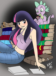 Size: 1024x1382 | Tagged: safe, artist:koku-chan, spike, twilight sparkle, dragon, human, g4, belly button, blue jeans, blushing, book, clothes, duo, gem, humanized, jeans, midriff, pants, paper, scroll, signature, tank top