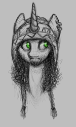 Size: 498x832 | Tagged: safe, artist:hippykat13, oc, oc only, oc:silence, pony, unicorn, bags under eyes, facial hair, hat, long hair, piercing, sketch, solo
