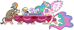 Size: 924x380 | Tagged: safe, artist:mrponiator, cranky doodle donkey, derpy hooves, princess celestia, alicorn, bird, donkey, pegasus, pony, g4, no second prances, season 6, :t, animated, annoyed, bored, donald chirp, eating, female, food, frown, ice sculpture, mare, muffin, open mouth, pixel art, scene interpretation, simple background, sitting, smiling, spread wings, table, transparent background, unamused