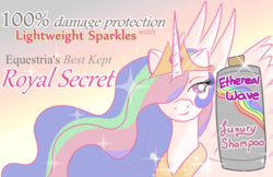 Size: 900x582 | Tagged: dead source, safe, artist:jellyfishbunny, princess celestia, alicorn, pony, g4, no second prances, advertisement, ethereal mane, female, looking at you, shampoo, solo, spread wings