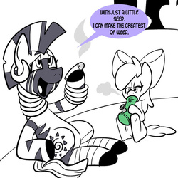 Size: 576x576 | Tagged: safe, artist:pembroke, apple bloom, zecora, zebra, g4, blunt, bong, drugs, marijuana, open mouth, simple background, sitting, smiling, smoking, underhoof, white background