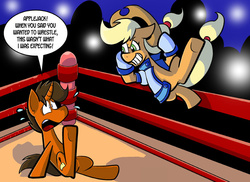 Size: 792x576 | Tagged: safe, artist:pembroke, applejack, oc, oc:scroll scribe, g4, aj styles, appajack, imminent pain, scrolljack, wrestling