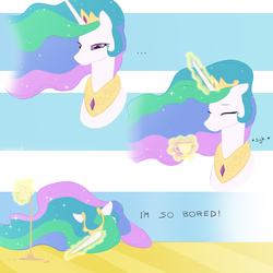 Size: 1280x1280 | Tagged: safe, artist:arareroll, princess celestia, alicorn, pony, g4, no second prances, ..., bored, bust, dialogue, eyes closed, facedesk, female, food, frown, glare, glowing horn, horn, jewelry, levitation, magic, pouring, regalia, sigh, solo, tea, telekinesis