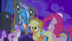 Size: 1366x768 | Tagged: safe, screencap, amethyst star, applejack, pinkie pie, sparkler, trixie, twinkleshine, pony, unicorn, g4, no second prances, discovery family logo, female, mare