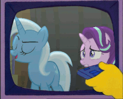 Size: 350x280 | Tagged: safe, screencap, starlight glimmer, trixie, pony, unicorn, g4, no second prances, animated, dat face, female, heartbreak, i love lisa, male, mare, meme, reaction, remote, the simpsons