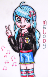 Size: 920x1464 | Tagged: safe, artist:blazingdazzlingdusk, oc, oc only, oc:melody (brony96), equestria girls, g4, clothes, drawing, hoodie, music notes, peace sign, requested art, solo, traditional art
