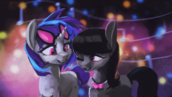 Size: 1920x1080 | Tagged: dead source, safe, artist:hierozaki, dj pon-3, octavia melody, vinyl scratch, earth pony, pony, unicorn, g4, bowtie, duo, female, looking at each other, mare, one eye closed, smiling, sunglasses, wink