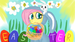 Size: 1280x720 | Tagged: safe, artist:jbond, angel bunny, fluttershy, pegasus, pony, rabbit, g4, clothes, costume, easter, easter basket, easter bunny, easter egg, female, mare, postcard, text