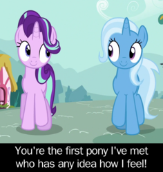 Size: 850x900 | Tagged: safe, edit, screencap, starlight glimmer, trixie, pony, unicorn, g4, no second prances, caption, cropped, dialogue, duo, female, looking at each other, mare, ponyville, smiling, text
