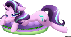 Size: 2008x1061 | Tagged: safe, artist:zoruanna, starlight glimmer, g4, bedroom eyes, blushing, female, floppy ears, looking at you, pillow, prone, smiling, solo