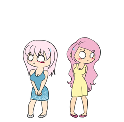 Size: 526x517 | Tagged: safe, artist:estrill, fluttershy, oc, oc:nooby, human, g4, blushing, clothes, dress, humanized