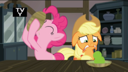 Size: 1920x1080 | Tagged: safe, edit, edited screencap, screencap, applejack, pinkie pie, g4, hearthbreakers, do not want, floppy ears, food, hilarious in hindsight, pear, pearlarious in hindsight, pie family home, rock soup, soup, that pony sure does hate pears