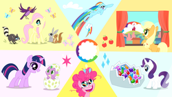 Size: 7680x4320 | Tagged: safe, artist:iknowpony, applejack, fluttershy, pinkie pie, rainbow dash, rarity, spike, twilight sparkle, bird, butterfly, dragon, insect, pegasus, pony, rabbit, raccoon, squirrel, unicorn, g4, the cutie re-mark, .svg available, absurd resolution, animal, applejack's cutie mark, baby, baby dragon, baby spike, blank flank, cloud, cutie mark, egg, female, filly, fluttershy's cutie mark, foal, gem, gritted teeth, hatching, hooves, horn, mane seven, mane six, open mouth, open smile, pinkie pie's cutie mark, rainbow dash's cutie mark, rainbow trail, rarity's cutie mark, slide, smiling, sonic rainboom, spike's egg, twilight sparkle's cutie mark, vector, wings, younger