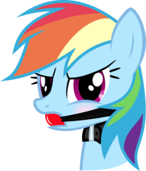 Size: 825x967 | Tagged: safe, artist:nxzc88, rainbow dash, pony, g4, angry, ballgag, blushing, bust, collar, female, gag, glare, show accurate, simple background, solo, transparent background