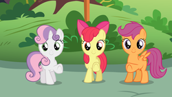 Size: 7680x4320 | Tagged: safe, artist:iknowpony, apple bloom, scootaloo, sweetie belle, pegasus, pony, unicorn, crusaders of the lost mark, g4, .svg available, absurd resolution, blank flank, cutie mark crusaders, female, filly, foal, hooves, horn, looking at you, smiling, spread wings, underhoof, vector, wings