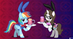 Size: 3400x1800 | Tagged: safe, artist:nxzc88, rainbow dash, oc, oc:pyrisa miracles, pegasus, pony, unicorn, g4, alcohol, bedroom eyes, blushing, bow, bowtie, bunny ears, bunny suit, cider, clothes, glasses, playboy bunny, serving tray, show accurate, stockings, tail bow, vector