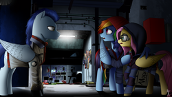Size: 1920x1080 | Tagged: safe, artist:supermare, fluttershy, rainbow dash, soarin', pegasus, pony, g4, clothes, crossover, eugene sims, game over, hoodie, infamous second son, old cutie mark, older, open mouth, raised hoof, signature