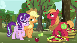 Size: 1280x720 | Tagged: safe, screencap, applejack, big macintosh, starlight glimmer, earth pony, pony, g4, no second prances, discovery family logo, male, stallion