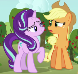 Size: 707x671 | Tagged: safe, screencap, applejack, starlight glimmer, pony, unicorn, g4, no second prances, female, hat, lidded eyes, mare, smug