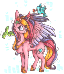 Size: 772x892 | Tagged: safe, artist:tay-niko-yanuciq, princess cadance, bird, g4, chest fluff, female, flower, flower in hair, fluffy, simple background, solo, spread wings, traditional art, transparent background
