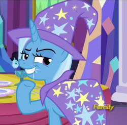Size: 727x719 | Tagged: safe, screencap, trixie, pony, unicorn, g4, no second prances, castle, discovery family logo, female, grin, mare, solo, twinkle