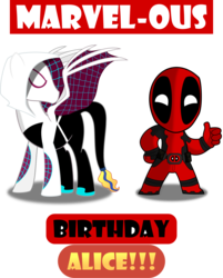 Size: 2759x3432 | Tagged: safe, artist:swist47ak, oc, oc only, oc:alice, bat pony, pony, chibi, clothes, cosplay, costume, deadpool, duo, gwen stacy, high res, male, marvel, spider-gwen, spider-man