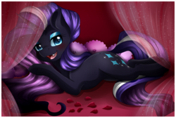 Size: 3050x2050 | Tagged: safe, artist:pillonchou, idw, nightmare rarity, g4, bed, bedroom, bedroom eyes, female, high res, looking at you, open mouth, rose petals, solo