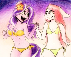 Size: 2048x1657 | Tagged: safe, artist:katputze, oc, oc only, oc:purple tinker, human, anthro, equestria girls, g4, bikini, breasts, clothes, colored pencil drawing, female, flower, flower in hair, swimsuit, traditional art