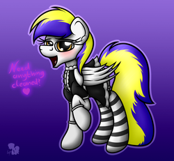 Size: 1560x1440 | Tagged: safe, artist:internetianer, oc, oc only, oc:juby skylines, pony, clothes, dialogue, maid, socks, solo, striped socks