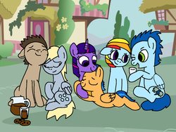 Size: 1280x960 | Tagged: safe, artist:thidanisas, derpy hooves, doctor whooves, flash sentry, rainbow dash, soarin', time turner, twilight sparkle, pegasus, pony, g4, coffee, cookie, eyes closed, female, food, hug, male, mare, ship:doctorderpy, ship:flashlight, ship:soarindash, shipping, straight