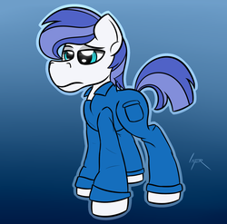 Size: 1860x1840 | Tagged: safe, artist:internetianer, oc, oc only, oc:prismatic zero, pony, clothes, grumpy, jumpsuit, solo