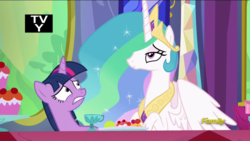 Size: 1366x768 | Tagged: safe, screencap, princess celestia, twilight sparkle, alicorn, pony, g4, no second prances, bored, dinner, discovery family logo, female, mare, twilight sparkle (alicorn)