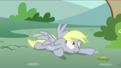 Size: 1366x768 | Tagged: safe, screencap, derpy hooves, pegasus, pony, g4, no second prances, cute, derpabetes, discovery family logo, female, floppy ears, lying down, mare, prone, solo, sploot, tongue out