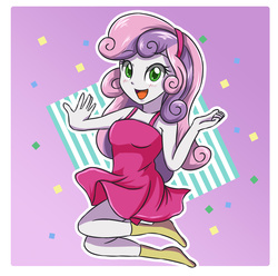 Size: 3507x3472 | Tagged: safe, artist:sumin6301, sweetie belle, equestria girls, g4, clothes, cute, diasweetes, dress, female, high res, jumping, looking at you, missing shoes, open mouth, socks, solo