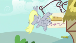 Size: 1366x768 | Tagged: safe, screencap, derpy hooves, pegasus, pony, g4, no second prances, abuse, cute, derpabetes, derpybuse, discovery family logo, female, mare, solo
