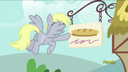 Size: 1366x768 | Tagged: safe, screencap, derpy hooves, pegasus, pony, g4, no second prances, butt, cute, derpabetes, discovery family logo, female, mare, plot, solo