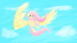 Size: 1920x1080 | Tagged: safe, artist:kalleflaxx, fluttershy, pegasus, pony, g4, female, flying, large wings, mare, sky, solo