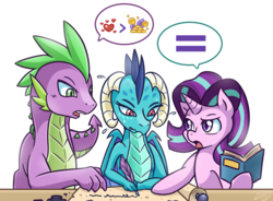 Size: 1375x1013 | Tagged: safe, artist:vavacung, princess ember, spike, starlight glimmer, dragon, pony, unicorn, g4, gauntlet of fire, book, equality, female, male, mare, older, older spike, open mouth, quill, speech bubble, that pony sure does love equality