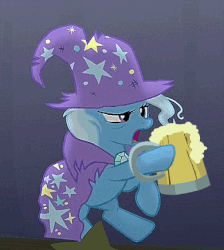 Size: 391x437 | Tagged: safe, edit, edited screencap, screencap, trixie, pony, g4, no second prances, alcohol, animated, balancing, bipedal, cape, cider, clothes, drunk, female, frown, hat, hoof hold, messy mane, open mouth, raised hoof, raised leg, solo, tankard, the paint and growerful triskie, tipsy, torn clothes, trixie's cape, trixie's hat