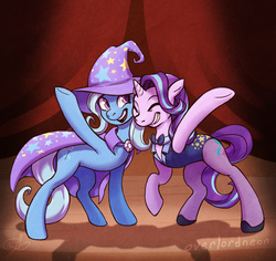 Size: 1200x1131 | Tagged: safe, artist:overlordneon, starlight glimmer, trixie, pony, unicorn, g4, no second prances, female, grin, leotard, lesbian, magician outfit, mare, ship:startrix, shipping, smiling, stage, waving
