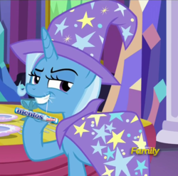 Size: 1136x1123 | Tagged: safe, edit, screencap, trixie, pony, unicorn, g4, no second prances, discovery family logo, female, mare, mentos, mints, solo