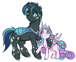 Size: 800x659 | Tagged: safe, artist:scynthias, princess flurry heart, oc, oc:indomitable heart, changeling, hybrid, g4, half-siblings, interspecies offspring, offspring, parent:queen chrysalis, parent:shining armor, parents:shining chrysalis, simple background, transparent background