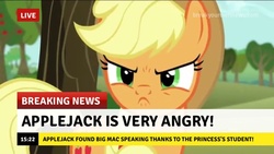 Size: 640x360 | Tagged: safe, edit, edited screencap, screencap, applejack, g4, no second prances, angry, break your own news