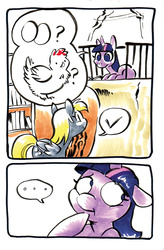 Size: 657x1000 | Tagged: safe, artist:mittymandi, derpy hooves, twilight sparkle, chicken, pegasus, pony, comic:derpyquest, g4, ..., 24-hour comic day, comic, egg, female, mare