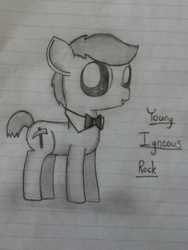 Size: 720x960 | Tagged: dead source, safe, artist:thefanficfanpony, igneous rock pie, earth pony, pony, g4, cute, grayscale, lined paper, male, missing accessory, monochrome, open mouth, solo, stallion, traditional art, younger