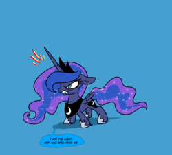 Size: 2415x2181 | Tagged: safe, artist:pencils, princess luna, alicorn, pony, g4, angry, bloodshot eyes, concave belly, dialogue, ears back, female, frown, glare, gritted teeth, high res, i am the night, simple background, solo, spread wings, tiny, wings
