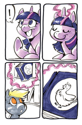 Size: 657x1000 | Tagged: safe, artist:mittymandi, derpy hooves, twilight sparkle, chicken, pegasus, pony, comic:derpyquest, g4, 24-hour comic day, book, comic, female, mare
